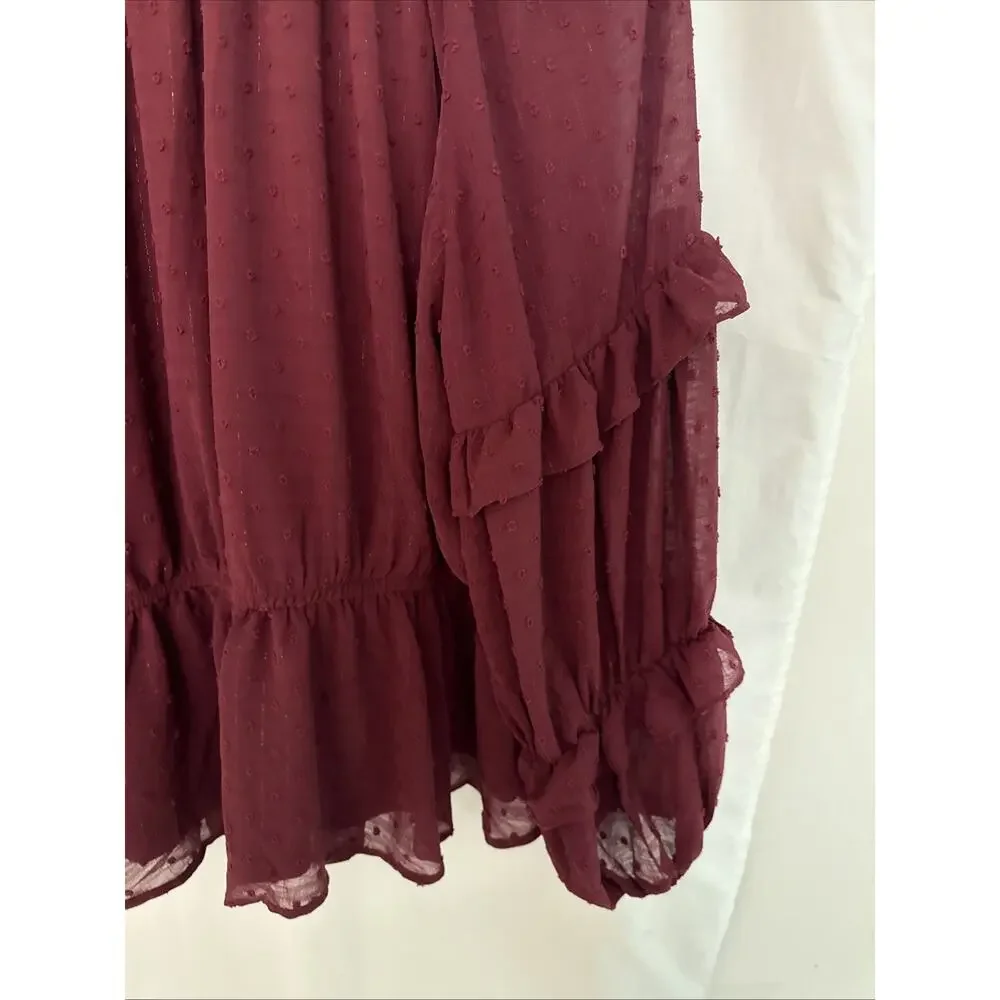 Maurices Blouse Womens XL Burgundy Lined Sheer Pullover Long Ruffle Sleeves NWT